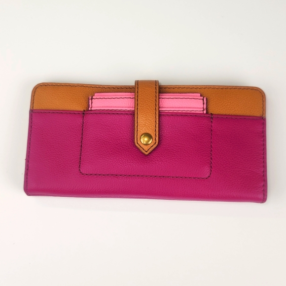NWT Fossil Myra Colorblock Pink Magenta Brown Tan Women’s Leather Wallet - Picture 1 of 10